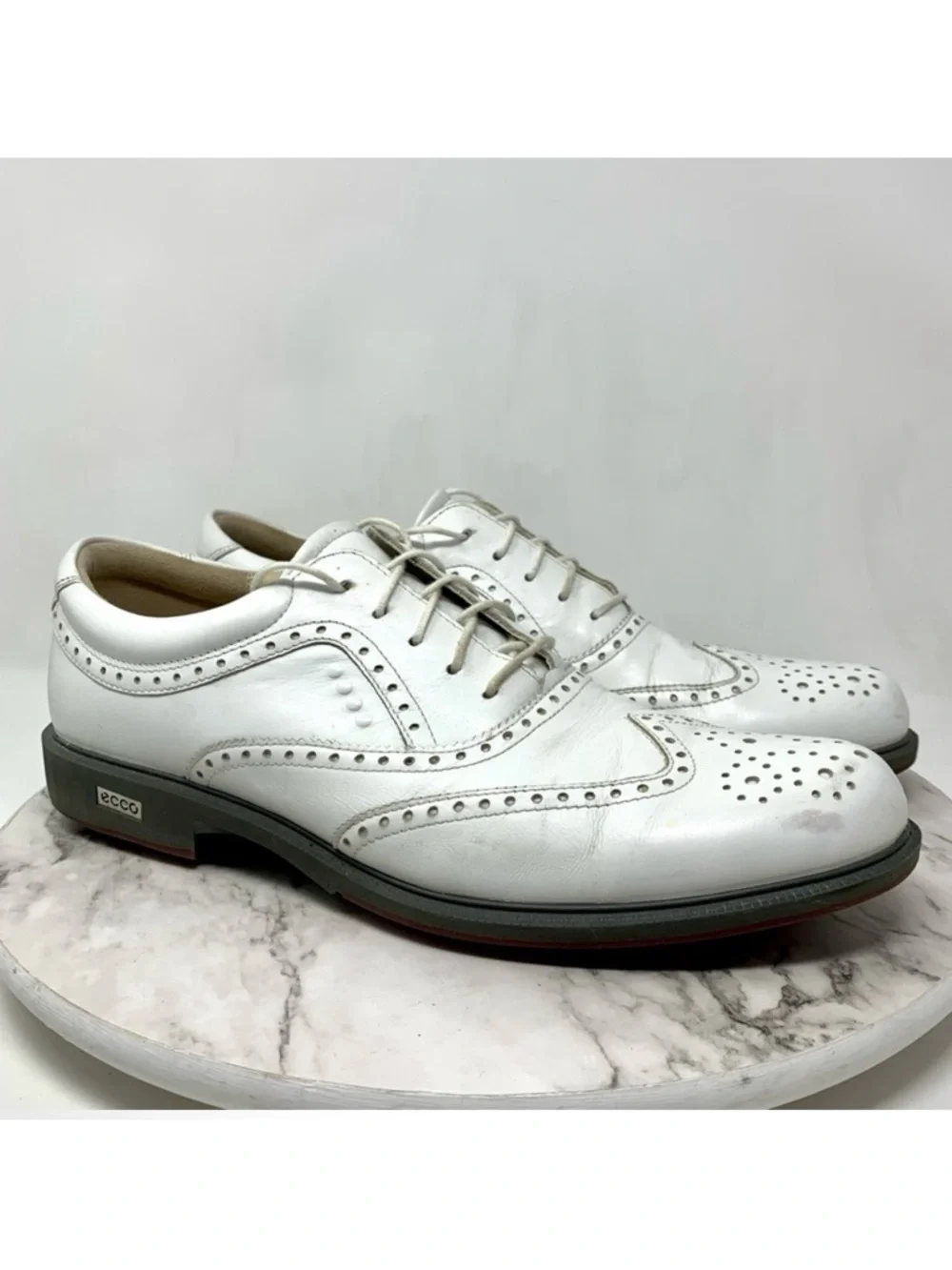 Ecco Tour Hybrid White Leather Wingtip Oxford Spikeless Golf Cleats 46/12-12.5